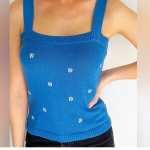 LOFT outlet Sleeveles Shoulder Strap Embroidered Flower Knit Blue Sweater Size M